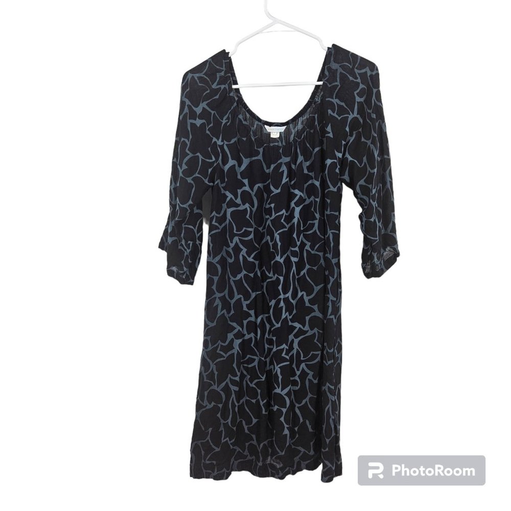 Cool Change Dress Blue Black Scoop Neck 3/4 Sleeve Lightweight Pull On Midi Sz S